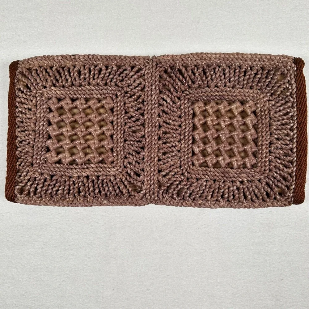 Vintage Purse Clutch Brown Weaved Straw‎ Lined 12